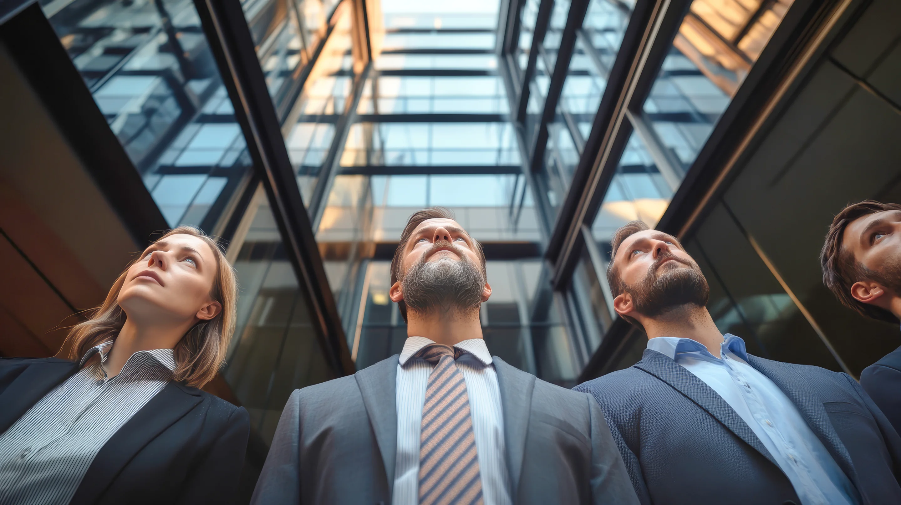 Team di professionisti che guarda verso l'alto in un edificio moderno in vetro